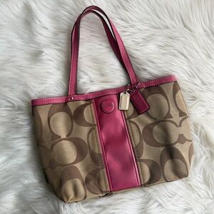 Coach Brown Signature Canvas Tote with Pink Trim
